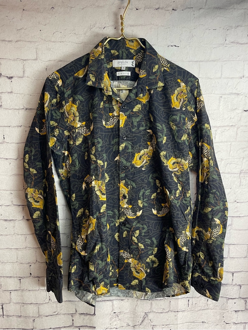 Epsilon size medium men’s long sleeve button down shirt dragon and coy fish